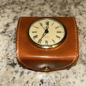 Vintage Bentley Turn‎ Key Alarm Clock Brown Leather Case West Germany
